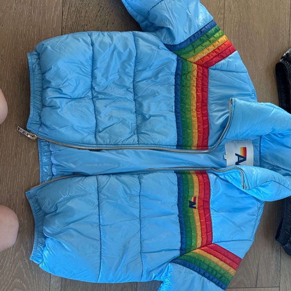 Aviator Nation Light Blue Kids Puffer Jacket with Rainbow Stripes